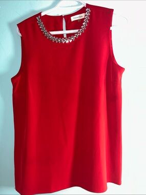 Calvin Klein Red Sleeveless Jewel-Trim Shell